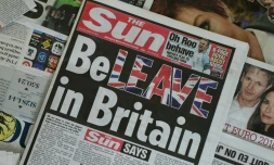 La Une du quotidien populaire The Sun le 14 juin 2016 appelant ses lecteurs à voter contre le maintien dans l'UE, jouant sur les mots "quitter" (leave) et "croire (believe) dans la Grande-Bretagne"