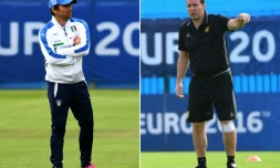 Photo montage du sélectionneur de l'Italie Paolo Conte (g) lors d'un entraînement à Montpellier le 10 juin et de son homogue belge Marc Wilmots au Haillan le 9 juin 2016