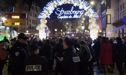 Des policiers montent la garde à l'entrée du Marché de Noël de Strasbourg le 25 novembre 2016 