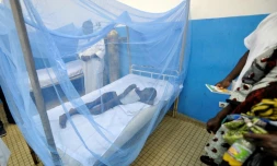 Un enfant malade se trouve dans une moustiquaire dans un hôpital d'Abidjan, le 24 avril 2015