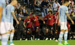 Le jeune attaquant de Manchester United Marcus Rashford (C) a inscrit le seul but du match face au Celta Vigo au stade Balaidos, le 4 mai 2017