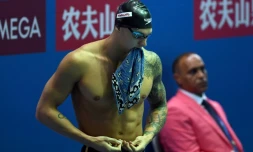 L'Américain Caeleb Dressel avant le finale du 50 m papillon aux Mondiaux de natation, le 22 juillet 2019 à Gwangju