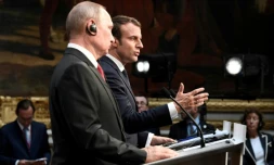 Le président français Emmanuel Macron et son homologue russe Vladimir Poutine lors d'une conférence de presse au Château de Versailles, le 29 mai 2017 