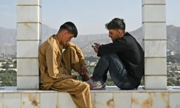 Des jeunes Afghans consultent leurs smartphones, sur la colline de Wazir Akbar Khan, à Kaboul, le 10 août 2026