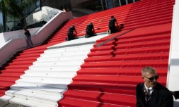 Pose du tapis rouge sur les marche du palais du festival, à Cannes, le 17 mai 2022