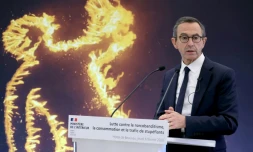 Le ministre de l'Intérieur Bruno Retailleau lors d'une conférence de presse pour présenter la campagne du gouvernement contre le narcotrafic, le 6 février 2025 à Paris