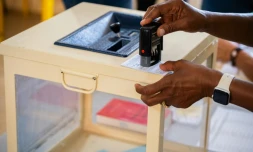 Un assesseur tamponne une carte électorale dans un bureau de vote au premier tour des législatives à Sainte Rose, en Guadeloupe, le 29 juin 2024