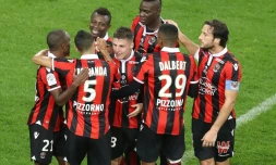 Les joueurs de Nice après avoir marqué face à Lyon le 14 octobre 2016 en match de Ligue 1 à l'Allianz Riviera