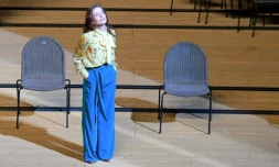 L&rsquo;actrice Isabelle Huppert lors d&rsquo;une répétition de « La Cerisaie » d&rsquo;Anton Tchekov montée par le réalisateur portugais Tiago Rodrigues, à Avignon,le 3 juillet 2021, avant le 75e Festival d&rsquo;Avignon.