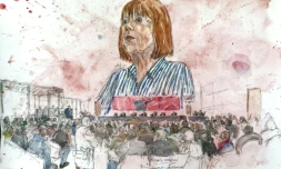 Un croquis de Gisèle Pelicot lors de l'audience qui a condamné son ex-mari à la peine maximale de 20 ans de prison, le 19 décembre 2024, à Avignon