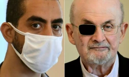 Cette combinaison d'images montre Hadi Matar (à gauche), lors d'une audience à Mayville, dans l'Etat de New York, le 18 août 2022, et l'auteur Salman Rushdie, à Berlin le 16 mai 2024