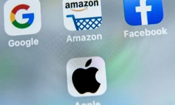 Les logos des géants américains du numérique, Google, Apple, Facebook et Amazon visés par la taxe française, dite "Gafa"