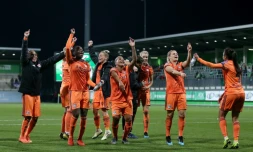 La joie des lyonnaises après avoir éliminé Wolfsburg en quart de finale de la Ligue des champions, le 27 mars 2019 à Wolfsburg