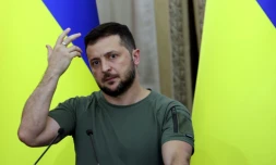 Le président ukrainien Volodymyr Zelensky au cours d'une conférence de presse, le 18 août 2022 à Lviv