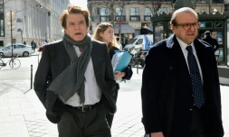 Bernard Tapie et son avocat  Hervé Temime à leur arrivée au pôle financier le 12 mars 2015 à Paris 