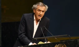 Le philosophe français Bernard-Henri Levy à la tribune des Nations Unies à New York, le 22 janvier 2015