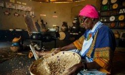 Hatifari Munongi, conteuse, poète et enseignante à la retraite dans sa hutte reconstituant l'habitat traditionnel africain, le 18 octobre 2018 à Harare, au Zimbabwe