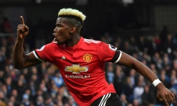 Le milieu de terrain de Manchester United Paul Pogba auteur d'un doublé lor sde la victoire face à Manchester City le 7 avril 2018