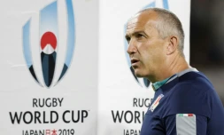 Le sélectionneur de l'Italie, Conor O'Shea, lors du match de poules du Mondial face à l'Afrique du Sud, à Shizuoka, le 4 octobre 2019