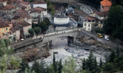 Vue aérienne des dégâts provoqués par les inondations meurtrières, le 5 octobre 2020 à Breil-sur-Roya, dans les Alpes-Maritimes