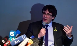 L'indépendantiste catalan Carles Puigdemont, lors d'une conférence de presse après sa remise en liberté, le 7 avril 2018 à Berlin