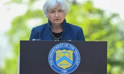 La secrétaire au Trésor, Janet Yellen, lors d'un point presse en marge d'une réunion des ministres des finances du G7, le 18 mai 2022 à Königswinter, en Allemagne