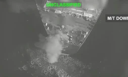 Image tirĂ©e d'une vidĂ©o, le 5 septembre 2026, diffusĂ©e par le Commandement central des Ătats-Unis (CENTCOM) sur X montrant ce que le CENTCOM prĂ©sente comme une frappe des forces armĂ©es amĂ©ricaines contre un pĂ©trolier iranien, le M/T Downy, au large de l'Ăźle de Kharg