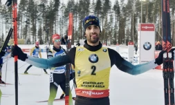 Le Français Martin Fourcade après sa victoire dans la poursuite de Kontiolahti, comptant pour la Coupe du monde de biathlon le 14 mars 2020
