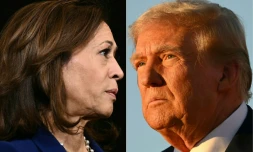 Diptyque d'images créé le 04 novembre 2024 montre, de gauche à droite, la candidate démocrate à l'élection présidentielle, la vice-présidente des Etats-Unis Kamala Harris à Madison, dans le Wisconsin, le 31 octobre 2024 ; et l'ancien président des Etats-Unis et candidat républicain à l'élection présidentielle Donald Trump à Butler, en Pennsylvanie, le 5 octobre 2024