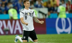 L'Allemand Tony Kroos après son coup franc victorieux contre la Suède, le 23 juin 2018 à Sotchi