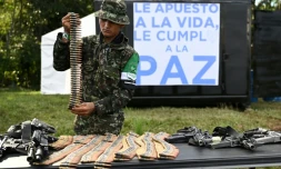 Un membre de la Coordination nationale Armée bolivarienne (CNEB) dépose les armes lors d'une cérémonie de désarmement dans la commune de Valle del Guamuez, dans le département du Putumayo, en Colombie, le 18 juin 2026