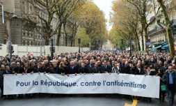 Carré de tête de la marche parisienne contre l'antisémitisme, en présence de nombreux politiques, le 12 novembre 2023