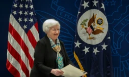Janet Yellen, secrétaire d'État au Trésor américain, s'exprime lors d'une table ronde à l'ambassade des États-Unis à Pékin, le 8 juillet 2023