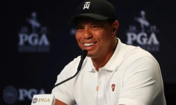 Tiger Woods en conférence de presse avant le début du Championnat PGA, à Bethpage dans l'Etat de New York, le 14 mai 2019