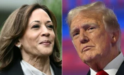 Combinaison de photo avec à gauche la vice-présidente américaine Kamala Harris, le 22 juillet 2024 à Washington et à droite l'ancien président des États-Unis et candidat républicain Donald Trump, à Milwaukee, Wisconsin, le 18 juillet 2024