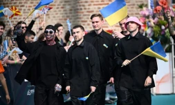 Le groupe ukrainien Kalush Orchestra  arrivent à la cérémonie d'ouverture de l'Eurovision à Turin, en Italie, le 8 mai 2022