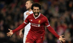 L'attaquant égyptien de Liverpool Mohamed Salah vient de marquer contre le Spartak Moscou en Ligue des champions, le 6 décembre 2017 à Liverpool