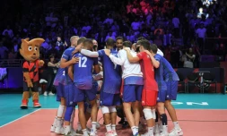 La joie des volleyeurs français, après avoir battu l'Italie en quart de finale de l'Euro, le 24 septembre 2019 à Nantes
