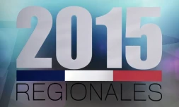 Le logo des élections régionales 2015 lors d'un débat le 2 décembre 2015 à Strasbourg pour la région Alsace-Champagne-Ardenne-Lorraine