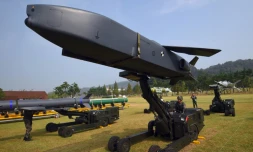 Cette photo prise le 25 septembre 2017 montre un missile de longue portée Taurus, lors d'une présentation pour les médias à Pyeongtaek, une ville de Corée du Sud.