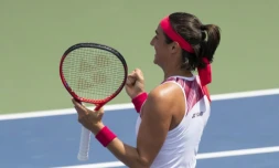 La Française Caroline Garcia après sa victoire au premier tour de l'US Open face à Kamila Rakhímova, le 29 août 2022 à New York