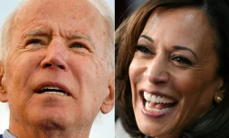 Combo montrant Joe Biden (Ă gauche) le 7 mars 2020 Ă Kansas City, dans le Missouri et sa colistiĂšre Kamala Harris, le 20 novembre 2019 Ă Atlanta