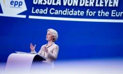 La présidente de la Commssion européenne Ursula von der Leyen, candidate à un second mandat, s'exprime depuis Bruxelles le 9 juin 2024