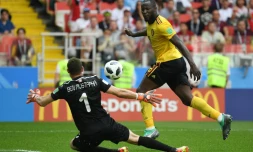 L'attaquant belge Romelu Lukaku auteur d'un doublé contre la Tunisie, le 23 juin 2018 à Moscou  