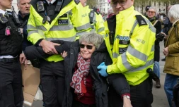  La police emmène de force un manifestant tandis que des personnes se rassemblent pour demander la levée de l’interdiction visant le groupe Palestine Action lors d’une manifestation à Trafalgar Square, dans le centre de Londres, le 11 avril 2026.