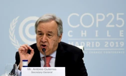 Le secrétaire général de l'Onu Antonio Guterres lors d'une conférence de presse, à la veille de l'ouverture de la COP25, le 1er décembre 2019 à Madrid, en Espagne