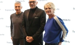 Nagui, Pascal Obispo et Sophie Davant lors d'une conférence de presse pour le Téléthon 2018, le 8 novembre 2018 à Paris