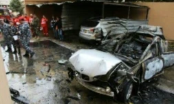 Photo du véhicule calciné à la suite d'un attentat à la voiture piégée le 14 janvier 2018 dans la ville de Saïda, au Liban