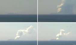 Montage d'images d'une webcam montrant l'éruption du volcan de White Island, le 9 décembre 2019 en Nouvelle-Zélande