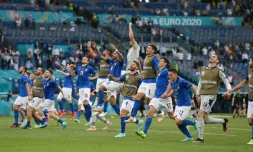 La joie des Italiens après avoir battu le pays de Galles, 1-0, lors de la 3e journée du groupe A à l'Euro 2020, le 20 juin 2021 à Rome